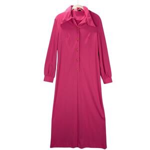 Vintage Shirtdress Womens Size 14 Pink Ribbed Long Sleeve Button Front Retro